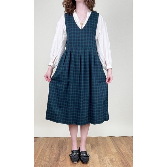 Vintage Plaid Pinafore Midi Dress Fall Winter Preppy Cottage Cabincore 80s 90s - Picture 4 of 10